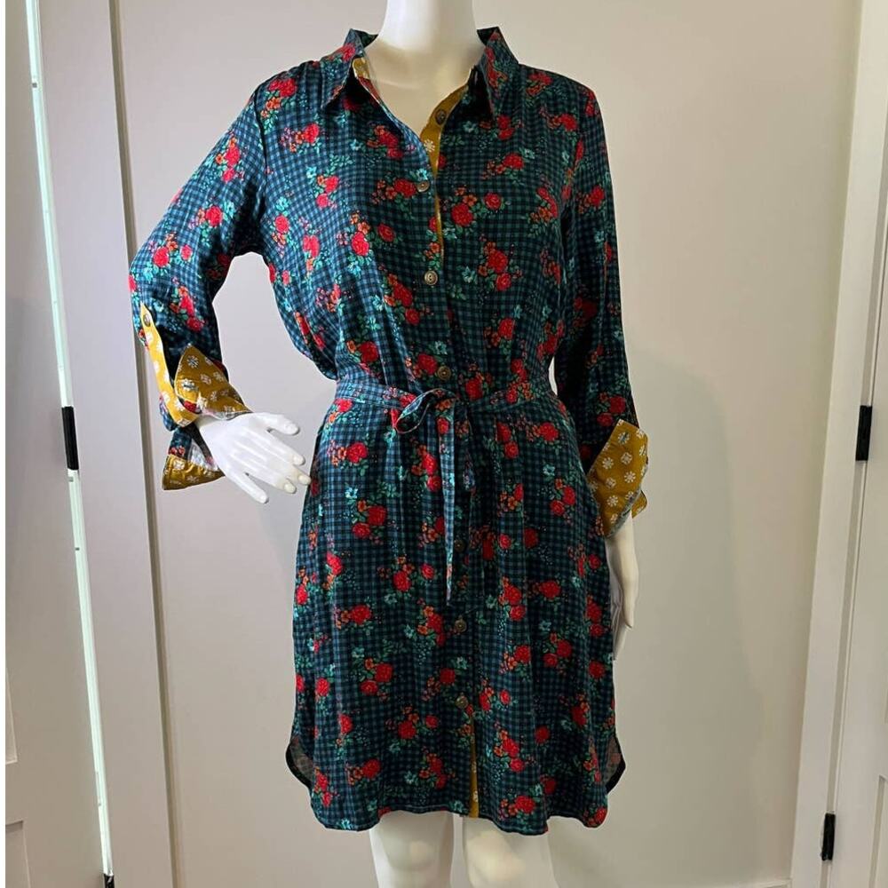 Matilda Jane Fa La La Size S Floral Blue Belted Long Sleeve Gingham Shirt Dress